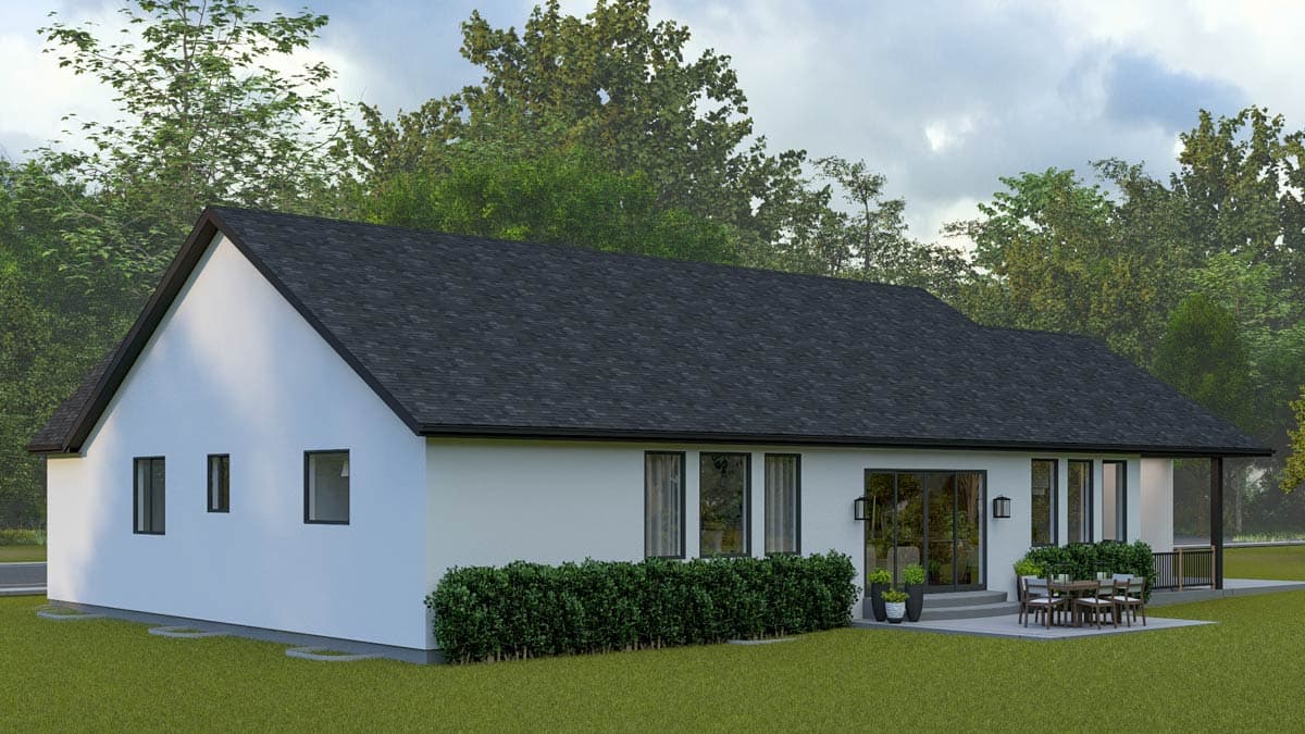 House plan exterior: One-story modern home with a gable roof, white stucco exterior, large windows, and a covered rear patio.