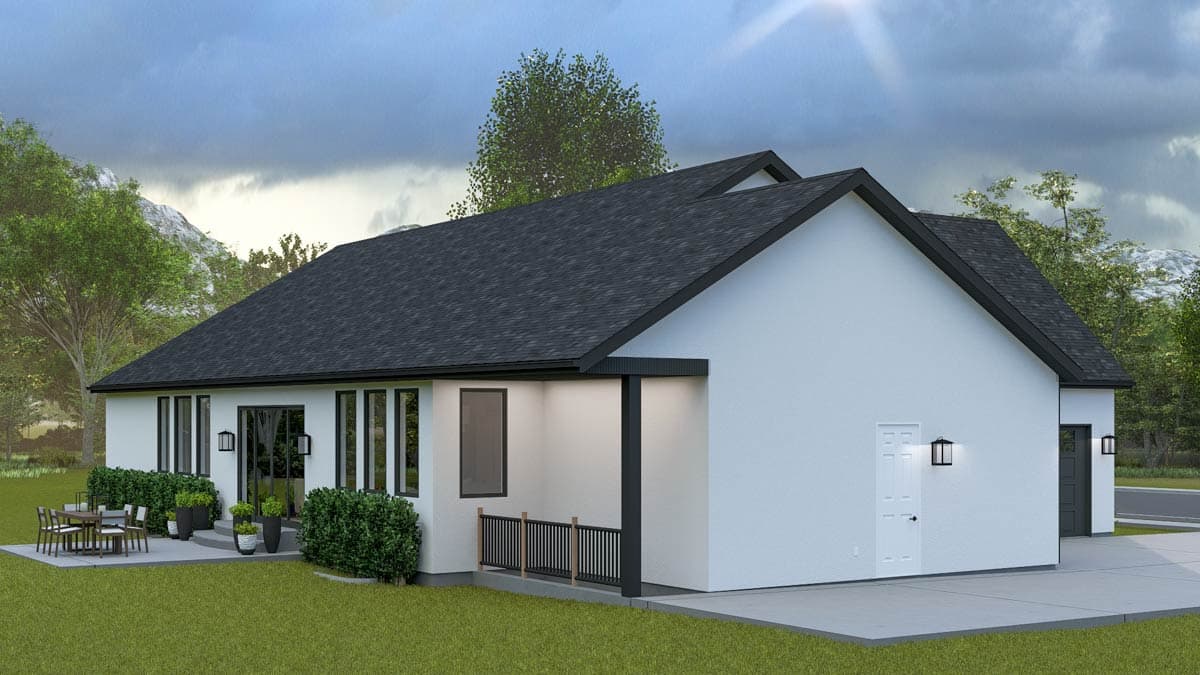 House plan exterior, one story, Modern style, with white stucco, large windows, gabled rooflines, and attached garage.