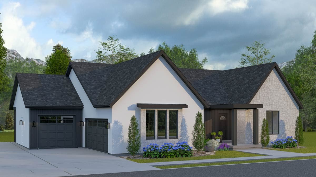 Modern house plan exterior with a gable roof, stone accents, covered entry, and attached two-car garage.