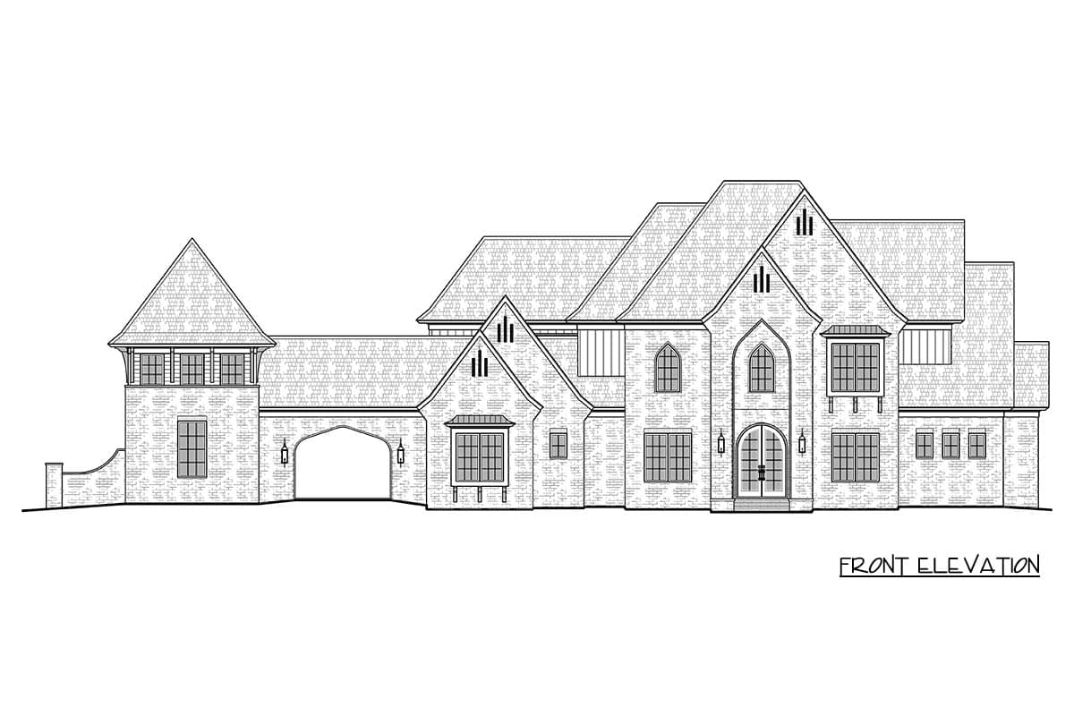 Front elevation house plan drawing featuring a Tudor-style exterior with arched entryway, multiple gables, and a detached garage porte-cochère.