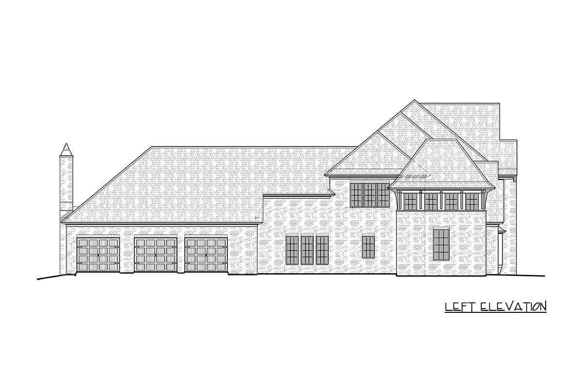 Left elevation of a brick house plan showing a three-car garage, multiple gables, and varied window styles.