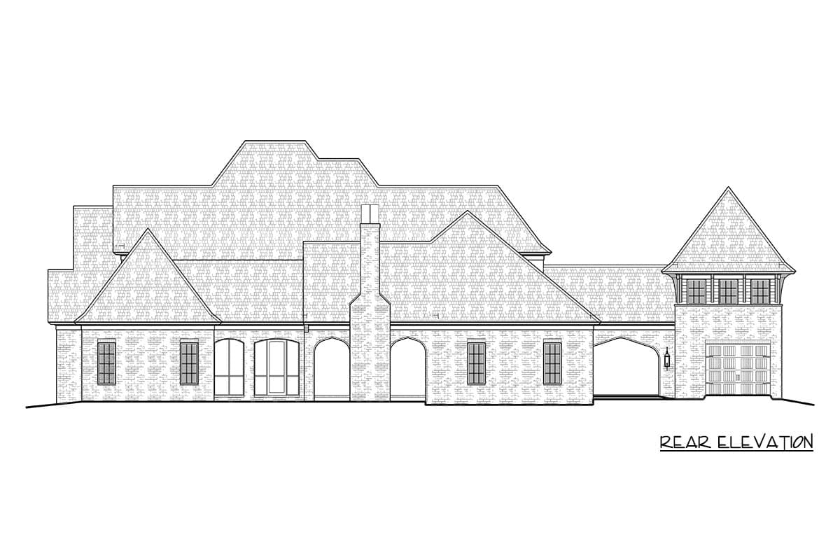 Rear elevation drawing of a large house plan with arched windows, a prominent chimney, and a detached garage with a turret.