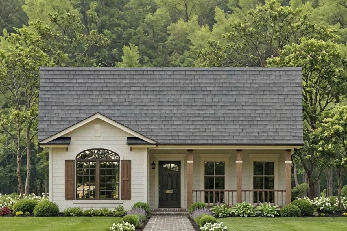 A charming, light-colored cottage with a grey shingled roof, set against a backdrop of lush green trees. A brick path leads to the dark front door.