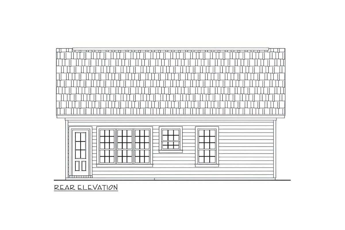 Rear elevation drawing of a house plan with a single door and three windows, shingled gable roof.
