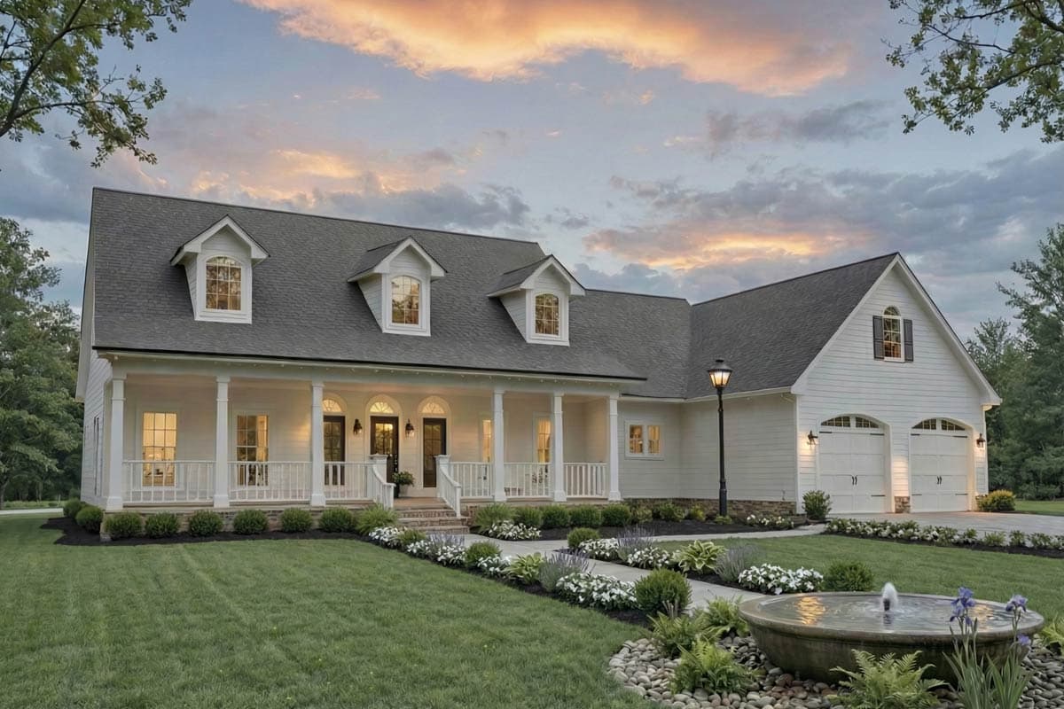 House plan exterior: white two-story Modern Farmhouse with wrap-around porch, dormers, and attached three-car garage.