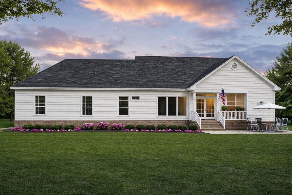 House plan exterior: One-story modern farmhouse with gabled roof, front porch, and white horizontal siding.