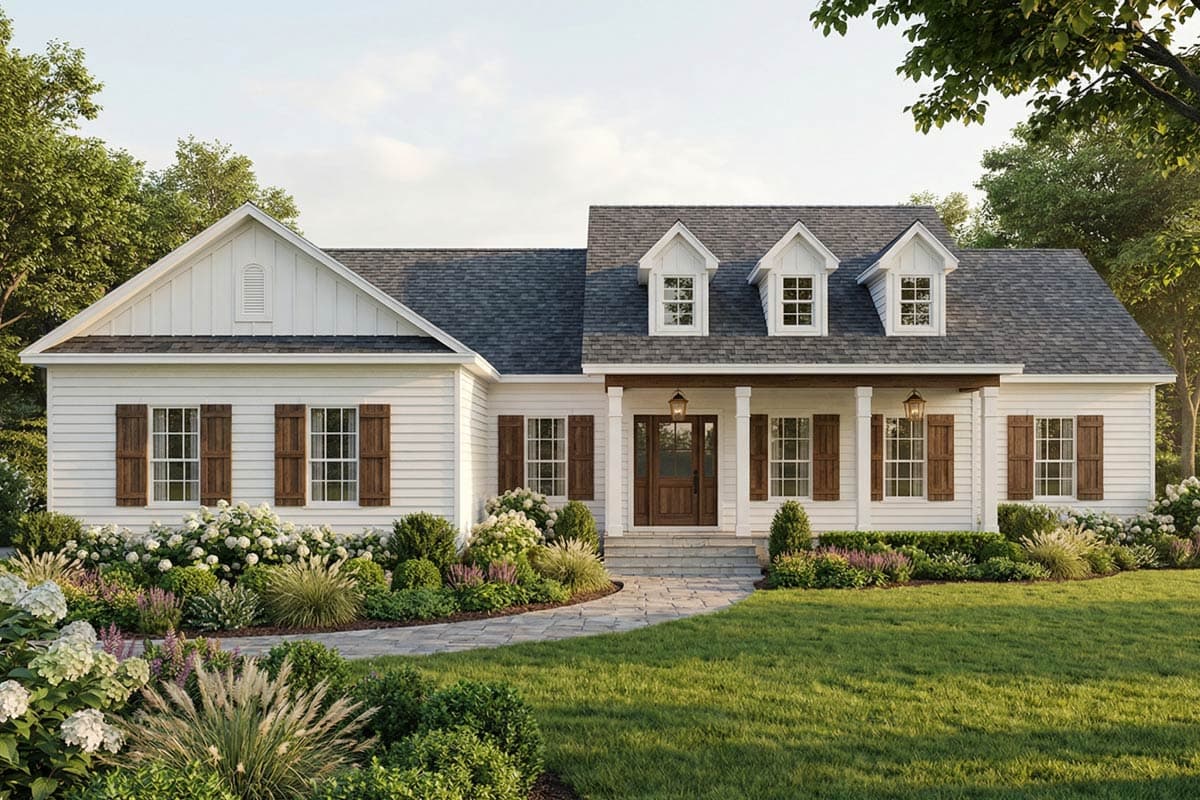 A white house with brown shutters and a dark roof. A stone pathway leads through a garden with lush greenery and flowers to the front door.