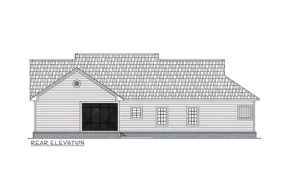 Rear elevation drawing of a house plan featuring a gable, large garage door, and multiple windows.