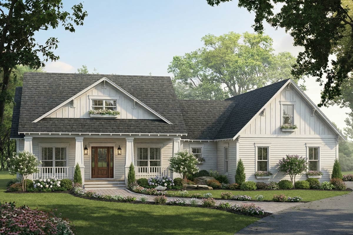 House plan exterior: Modern Farmhouse style, one-story, with a gabled front, covered porch with columns, and dormer windows.