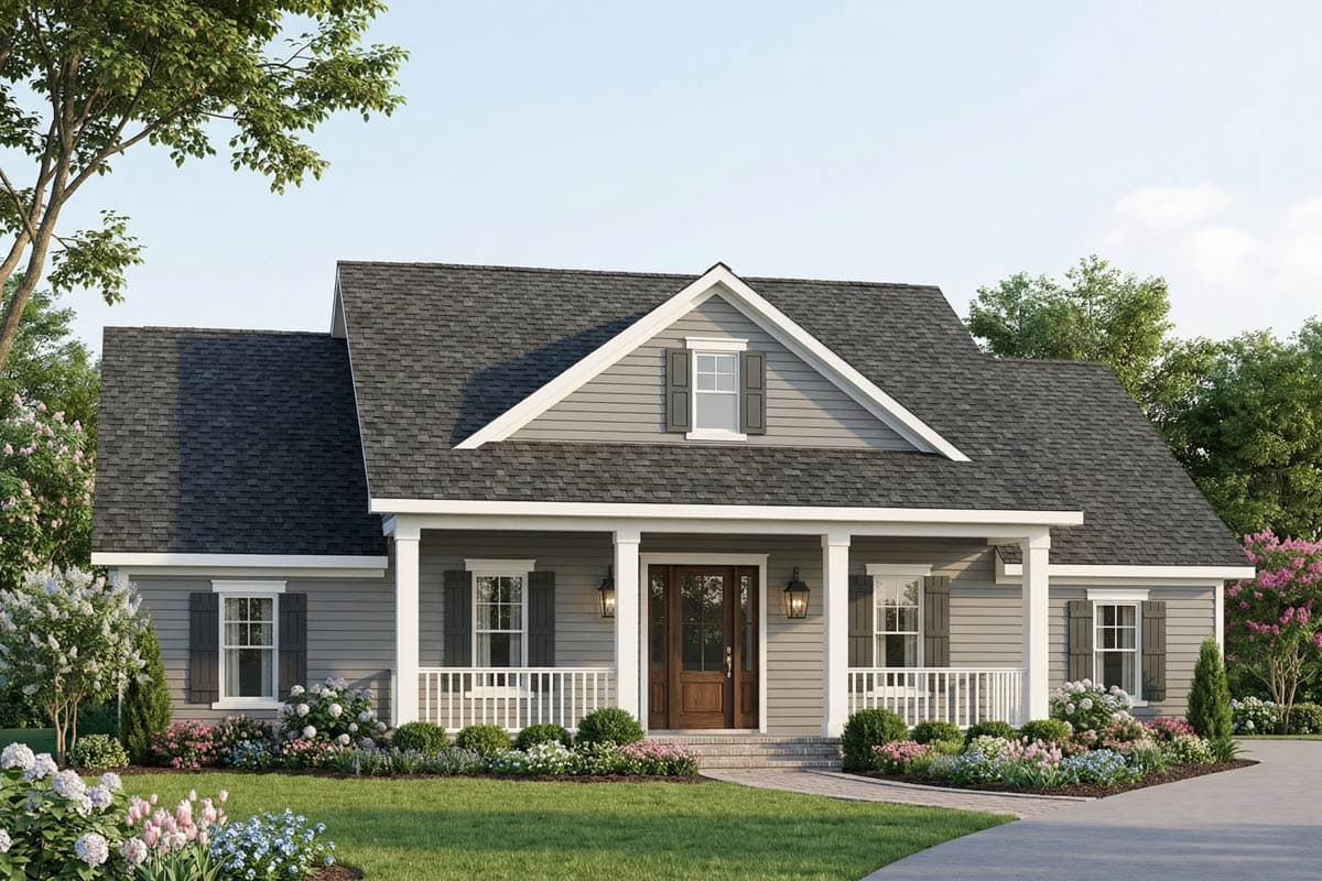 A gray house with a covered porch, white railing, and dark shutters. The home features a dark shingled roof and landscaping with blooming flowers.
