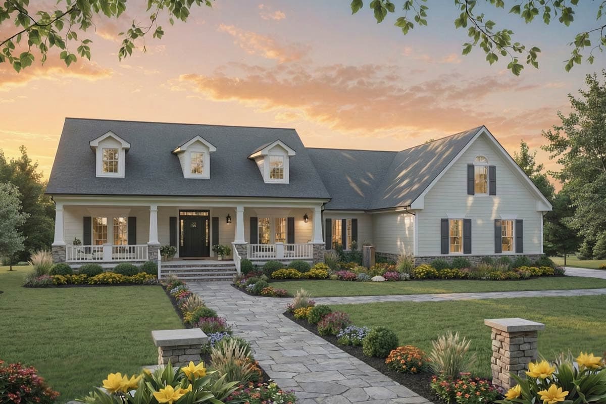 House plan exterior featuring a wraparound porch, multiple gables with dormers, and clapboard siding.