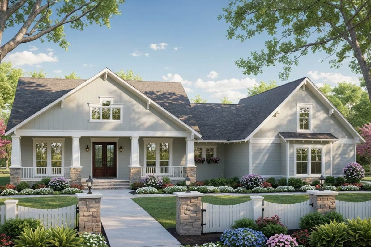 Modern Farmhouse house plan exterior with a covered front porch, gable rooflines, and stone accents.