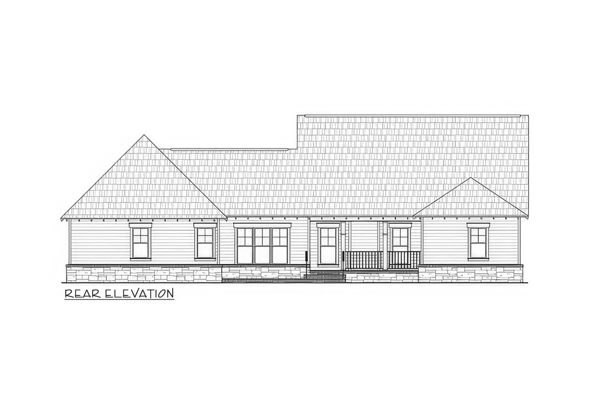 Rear elevation drawing of a one-story house with a covered porch, multiple gables, and horizontal siding with a stone foundation.