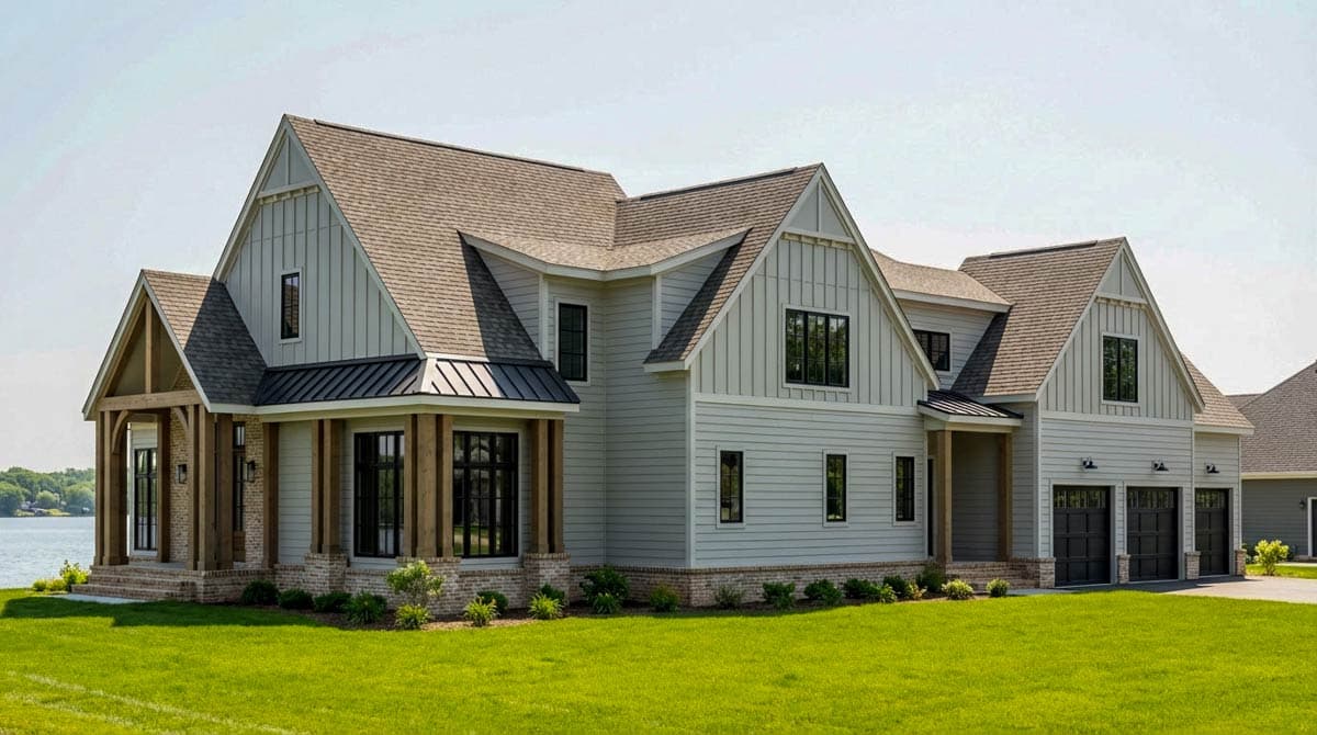 House plan exterior of a two-story Modern Farmhouse with gables, dormers, a covered porch, and a three-car garage.