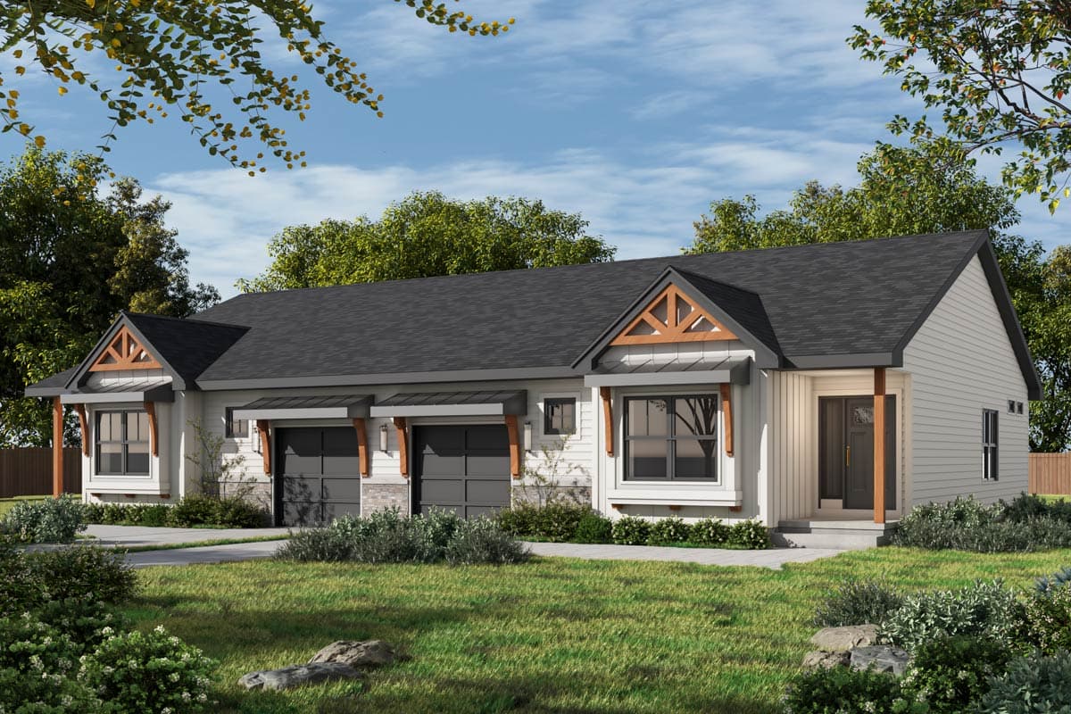 A modern, white-sided house with a dark gray roof. The house features a garage, entryway, and decorative wooden accents under a blue sky.