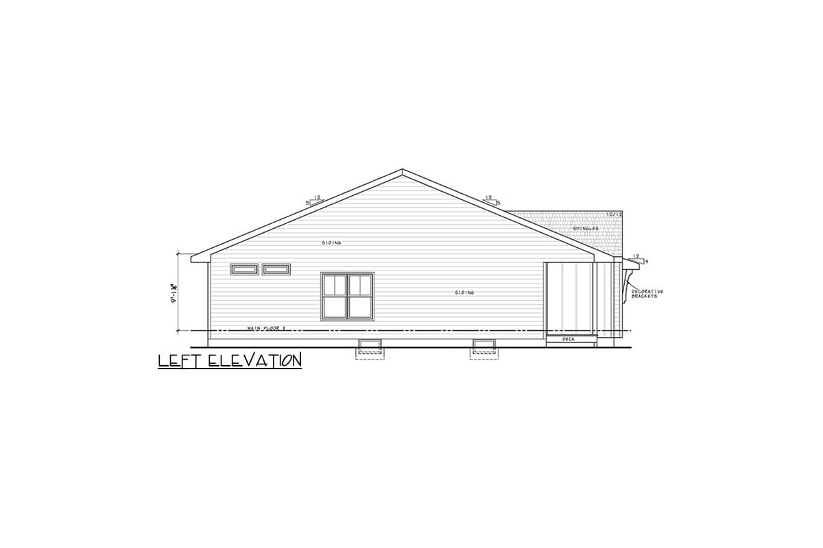 Architectural drawing of a house elevation, showing the left side with siding, windows, and a deck labeled. The roof has shingles.