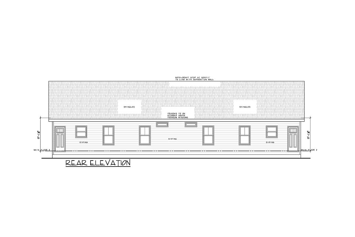Architectural elevation of a low-slung building, featuring a shingled roof, multiple windows, siding, and two doorways, labeled “Rear Elevation.”