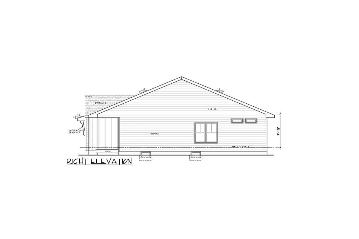 Architectural elevation drawing of a house, detailing the right side with siding, windows, and roof shingles. The label reads, 'Right Elevation.'