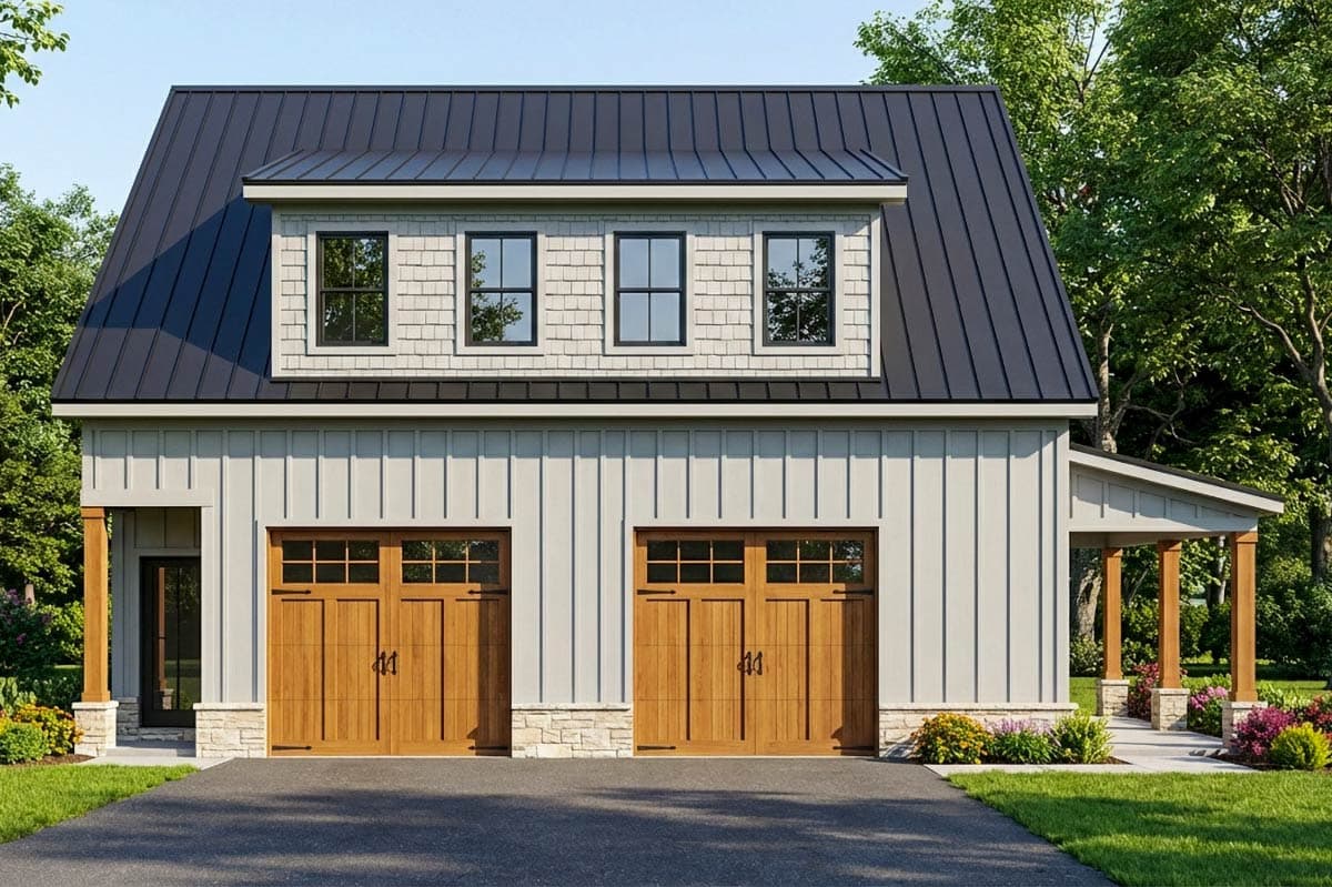 A two-car garage with a dark metal roof, light gray siding, and two wooden garage doors. Three windows are located on the second story.
