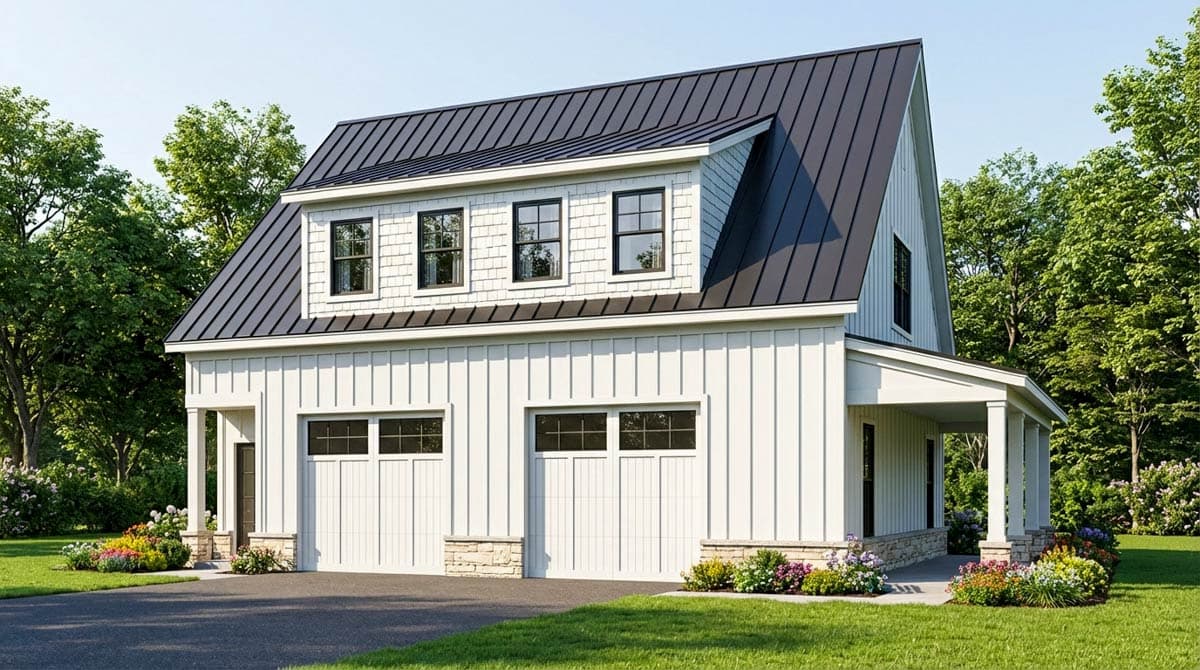 House plan exterior with a steep metal roof, dormers, board and batten siding, stone accents, and a covered porch.