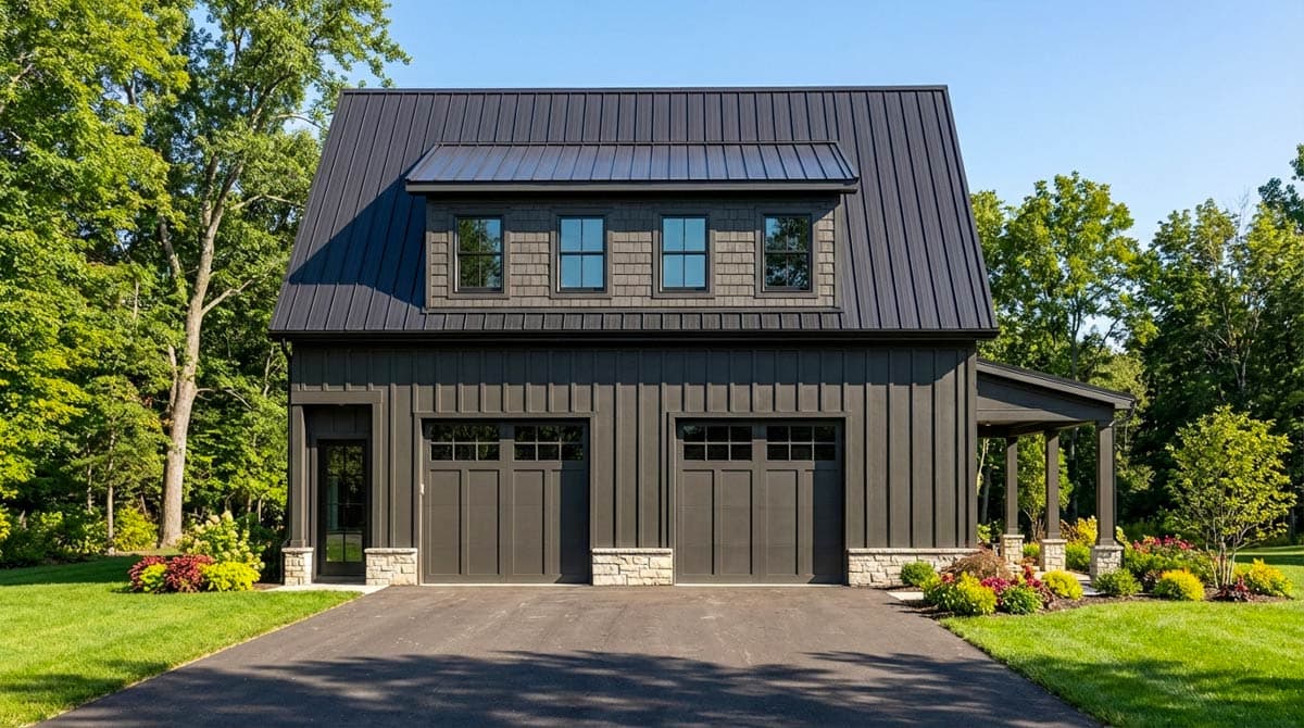House plan exterior, modern farmhouse style, two-car garage with stone accents, dormer windows and metal roof.