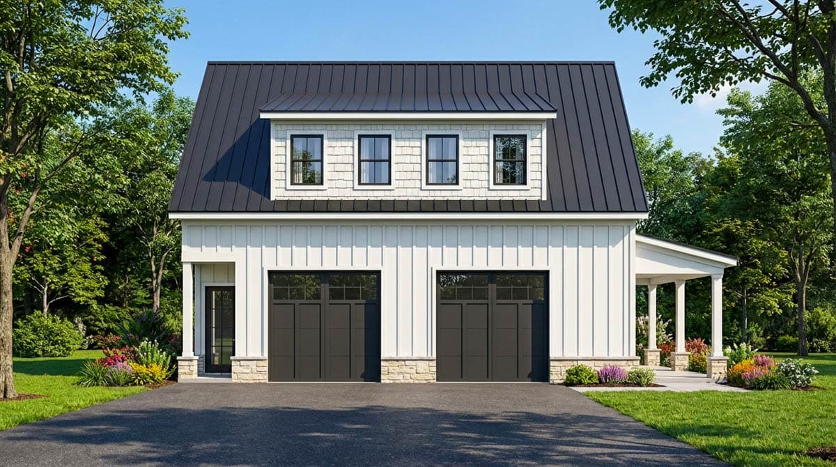 Modern Farmhouse house plan exterior with a standing seam roof, board and batten siding, and a two-car garage.