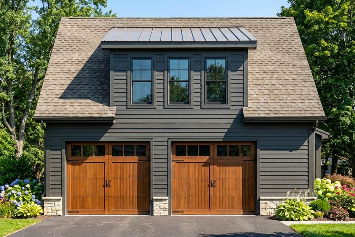 A two-car garage with wooden doors, a gray exterior, and a peaked roof. Three windows sit above the garage doors. Landscaping surrounds the garage.