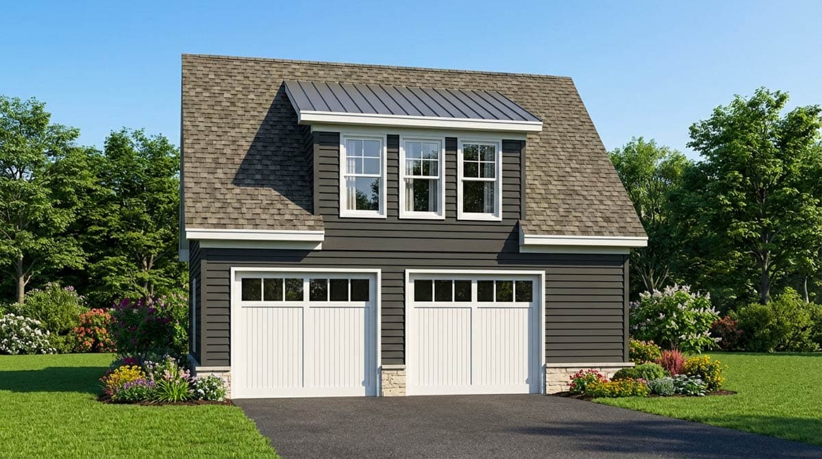 Two-story garage plan with gable roof, metal dormer roof, and two white paneled garage doors.