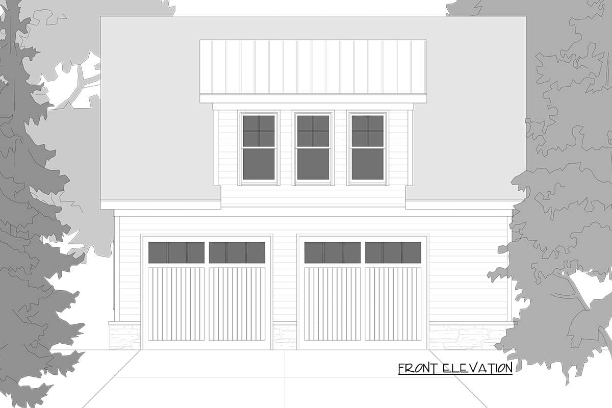 Front elevation house plan showing a two-story structure with a double garage, a projecting upper story with three windows, and a standing seam roof.