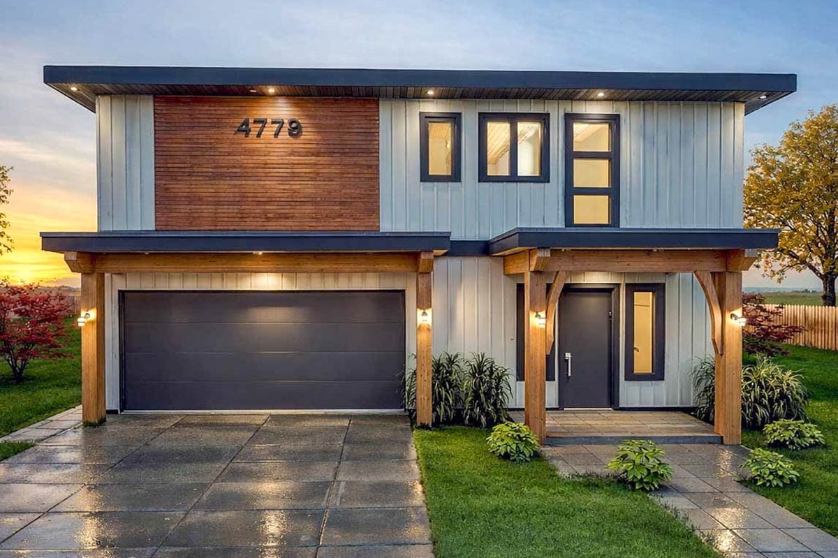 Modern two-story house with a wooden facade accent, dark garage door, and entrance. The house number 4779 is above the garage.