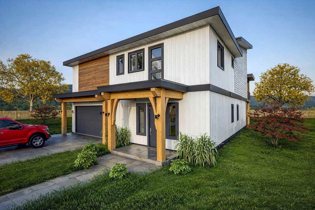 Modern two-story house plan exterior with a covered entry porch, wood accents, white siding, and a detached garage.