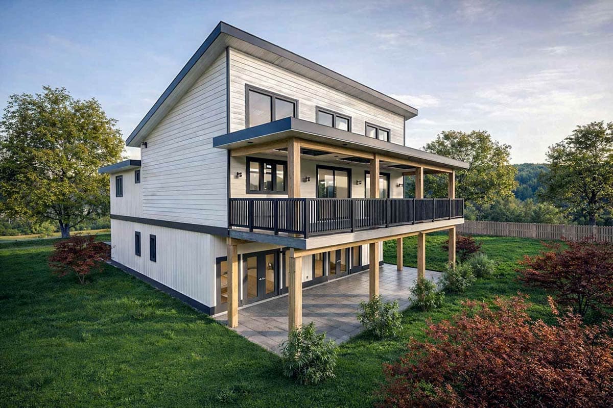 Modern two-story house plan exterior with prominent gabled roof, upper-level balcony, and lower-level patio.
