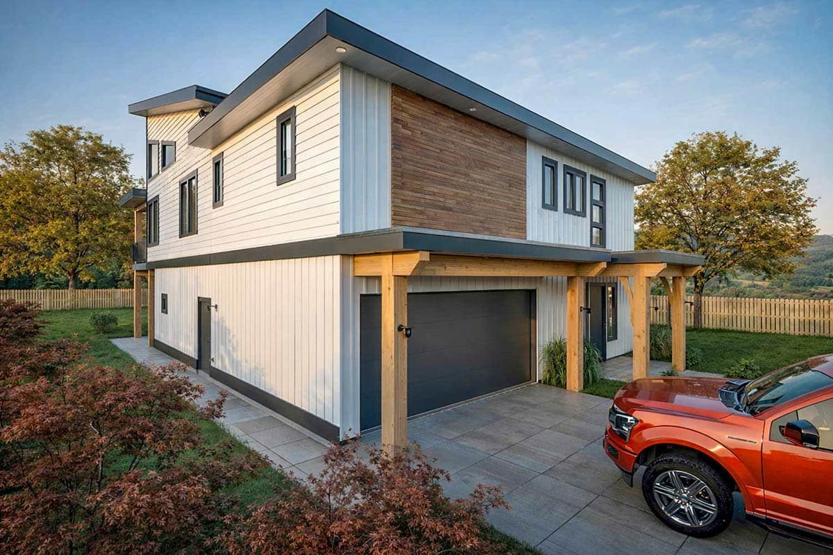 Modern house plan exterior with vertical siding, wood accent, multi-level rooflines, and attached garage.