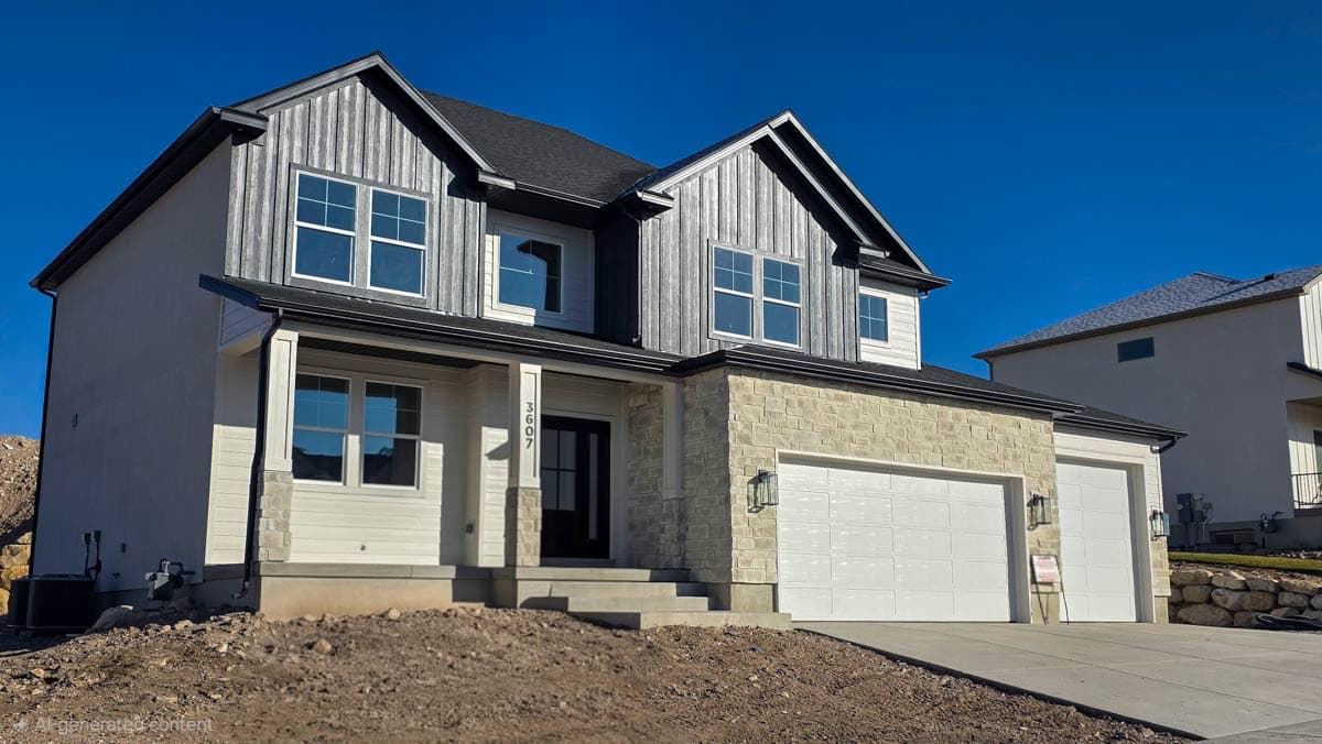 Modern house plan exterior: two stories, board-and-batten siding, stone facade, covered porch, and a three-car garage.