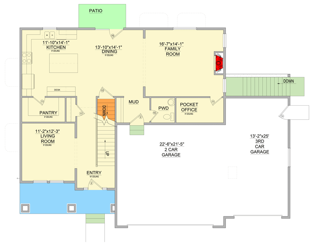 Plan 849054PGE: Modern Farmhouse Plan with 3-Car Garage and Home Office - Floor Plan - Main Level - Craftsman, Modern Farmhouse, New American, Traditional
