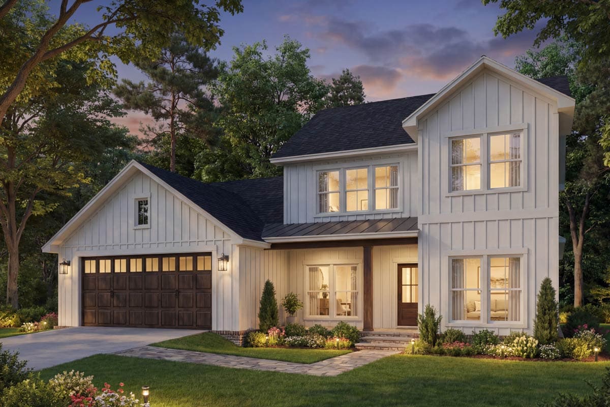 Modern Farmhouse house plan exterior. Two stories with a front-facing garage, gabled dormer, and covered entry porch.