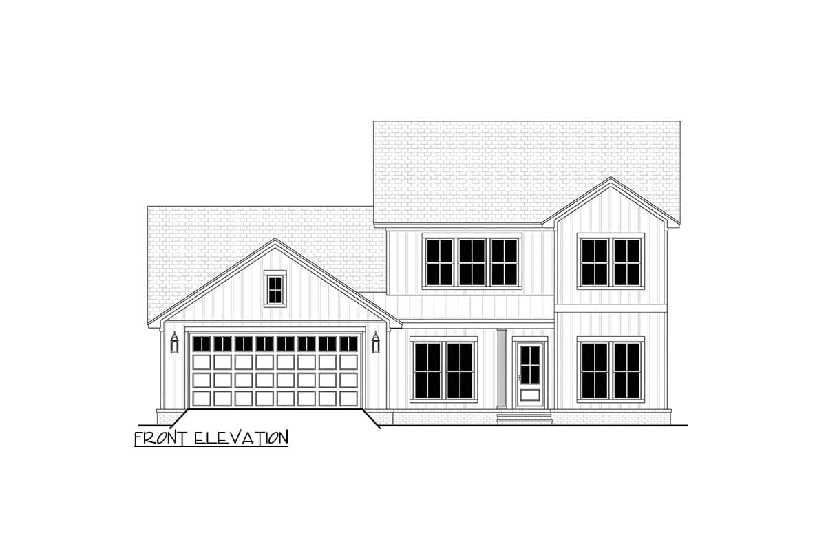 Front elevation of a two-story house plan with a gabled garage, covered entry, and multiple windows.