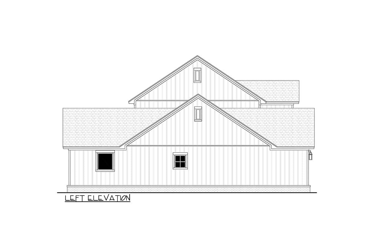 Left elevation house plan drawing showing gables, dormer windows, and varied rooflines.