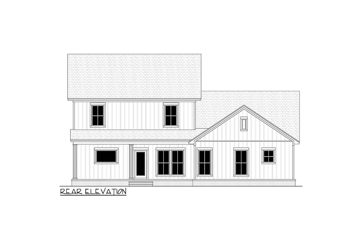 Rear elevation drawing of a two-story house with gabled dormer and varied window configurations.