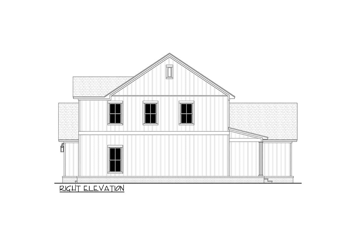 Right elevation drawing of a two-story house plan with vertical siding, gabled roof, dormer, and covered porch.