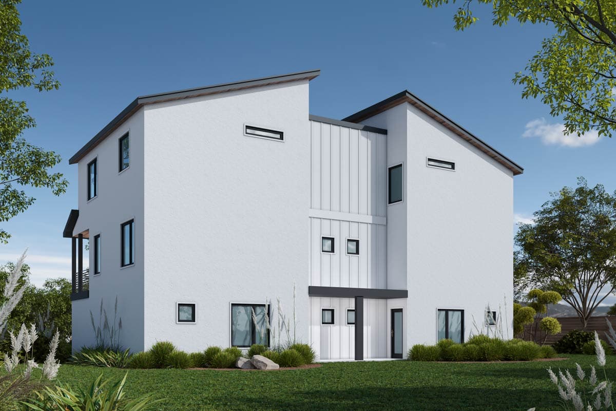 Modern house plan exterior, two stories, with stucco finish, varied rooflines, metal vertical siding, and multiple window styles.