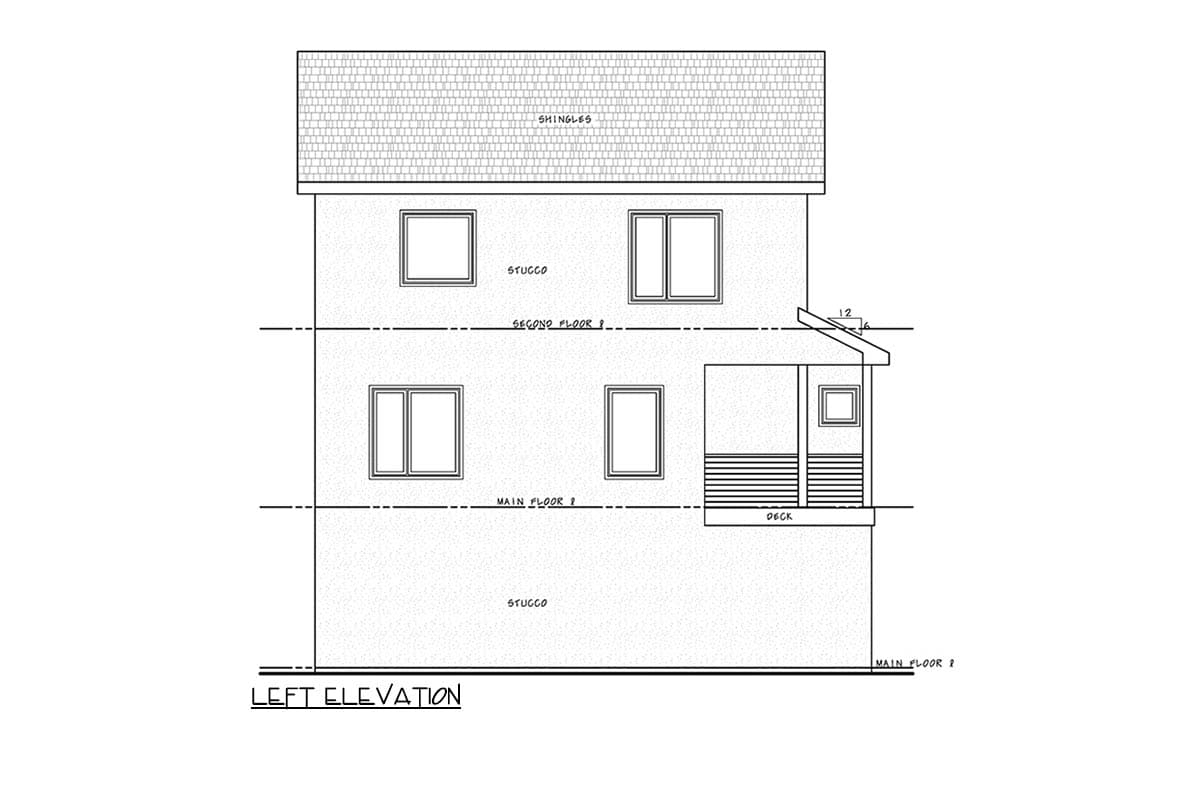 Left elevation of a two-story house plan with stucco exterior, shingled roof, deck, and multiple windows.