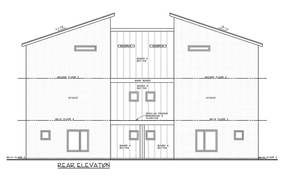 Rear elevation drawing of a two-story house with stucco exterior and board and batten accents. Features gabled rooflines and varied window placements.