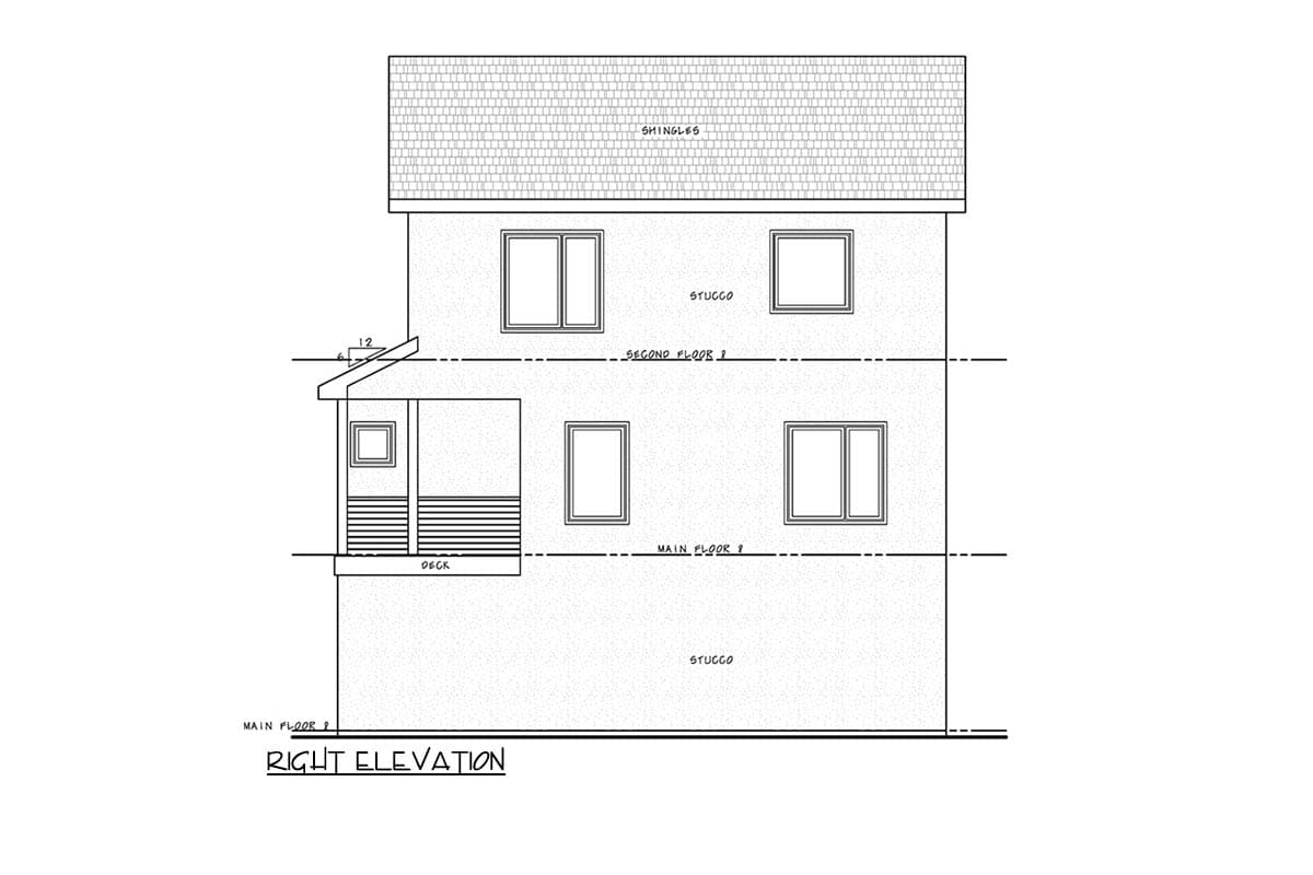 Right elevation drawing of a two-story stucco house with a shingled roof, multiple windows, and a deck.