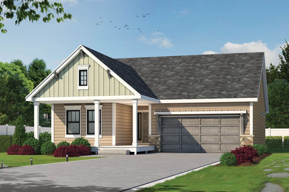 A beige-colored house with a dark gray roof. The house has a garage and a front porch supported by white columns, with a concrete driveway in front.