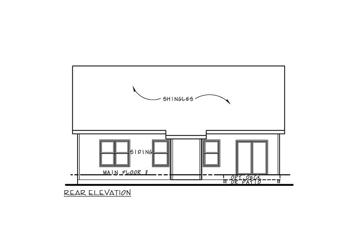 Rear elevation drawing of a house plan, showing siding, windows, and optional deck or patio.