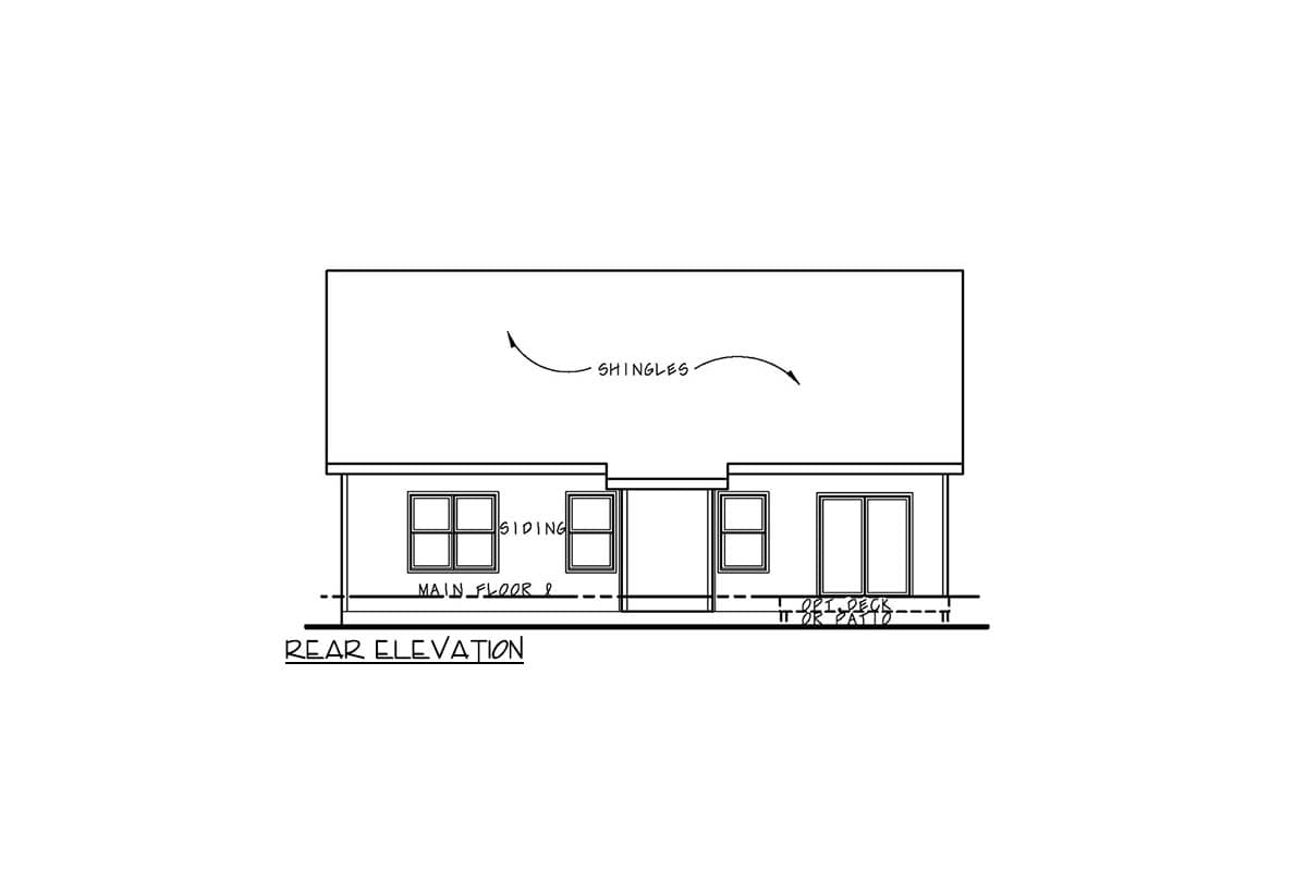 Rear elevation drawing of a house plan showing siding, multiple windows, and an optional deck or patio.