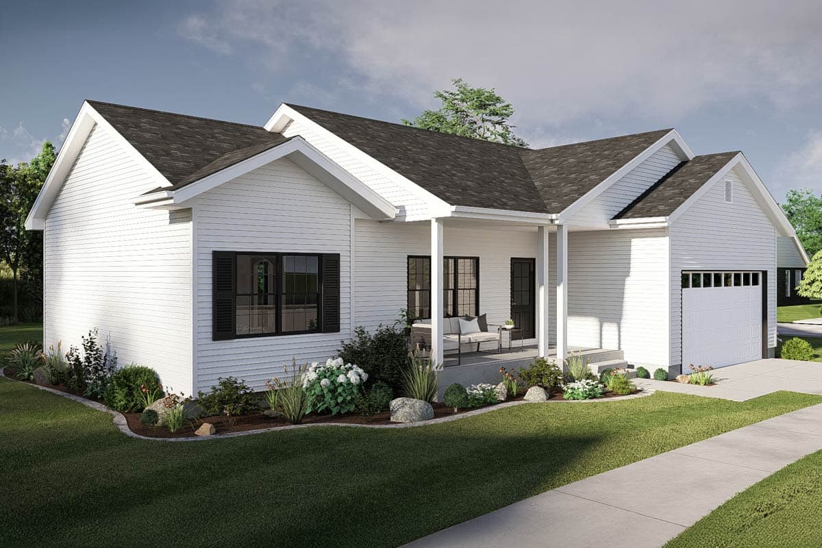 House plan exterior: Ranch style, single-story with covered front porch, gabled rooflines, and attached garage.