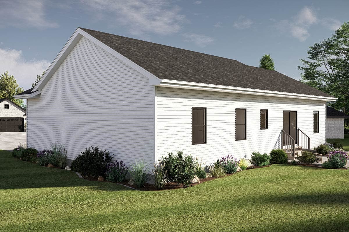 House plan exterior: one-story ranch with white vinyl siding, dark-shingled gable roof, and four windows.