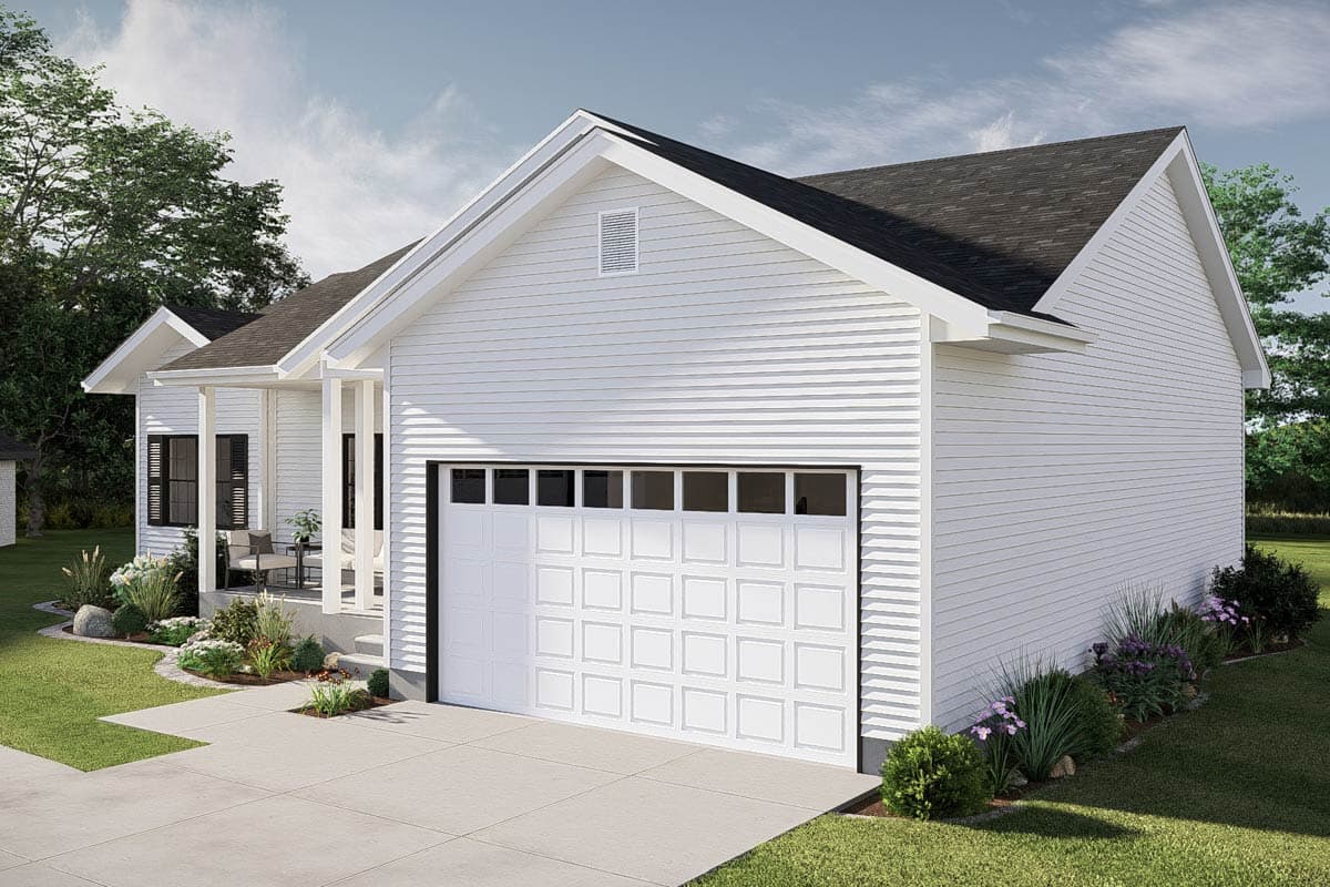 House plan exterior: Modern Farmhouse style, one-story, white vinyl siding, gabled roof, and attached garage with multi-pane window top.